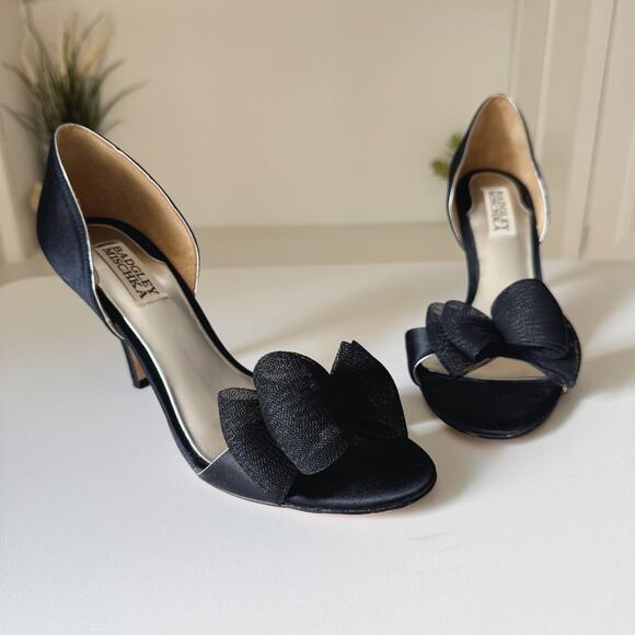 NWT Badgley Mischka Black Satin Mesh Bow Open Toe Xango D'Orsay Heels Size 8 - Picture 1 of 7